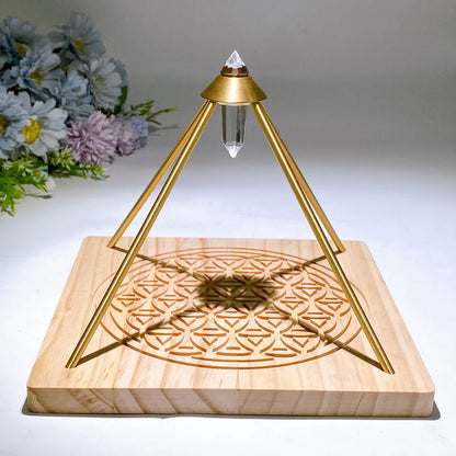 Vogel Copper Pyramid with Faceted Clear Quartz DT Point & Life Flower Wooden Base Crystal