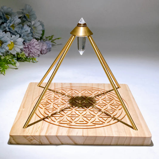 Vogel Copper Pyramid with Faceted Clear Quartz DT Point & Life Flower Wooden Base Crystal