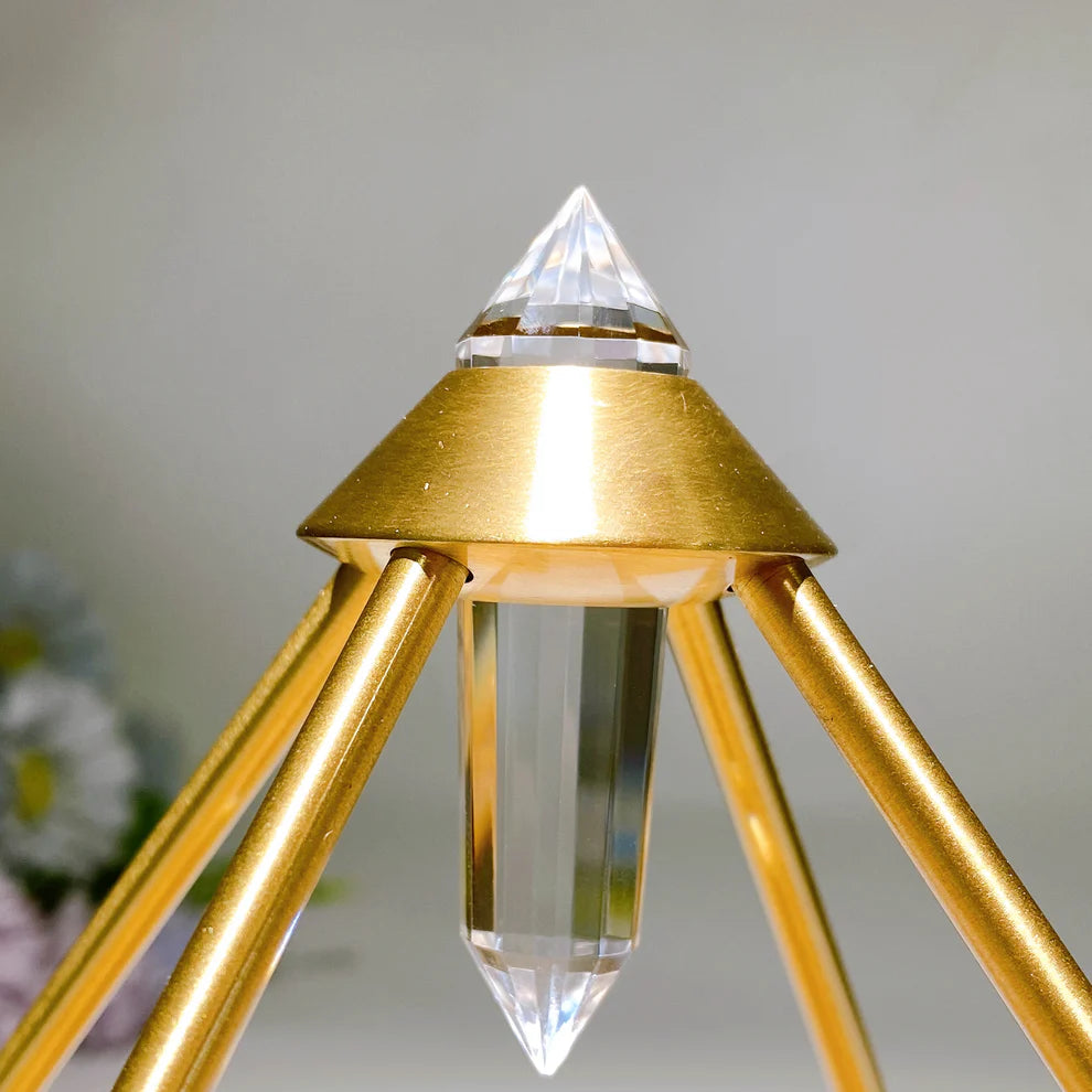 Vogel Copper Pyramid with Faceted Clear Quartz DT Point & Life Flower Wooden Base Crystal