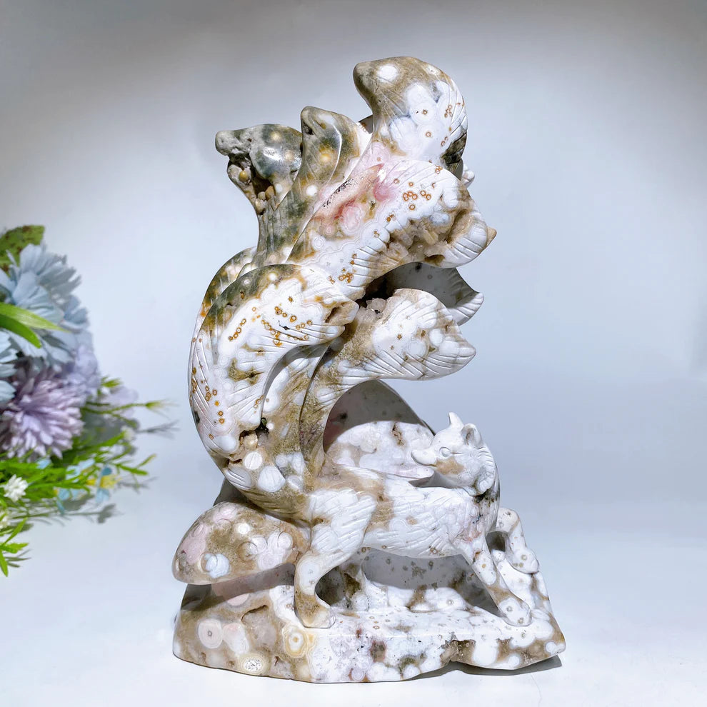 19cm Unique Ocean Jasper Nine-tails Fox Carving Crystal Healing Bulk Wholesale