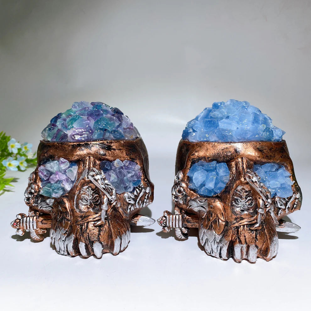 Fluorite Celestite Raw Chips Resin Skull Lamp with USB Crystal Healing Bulk Wholesale