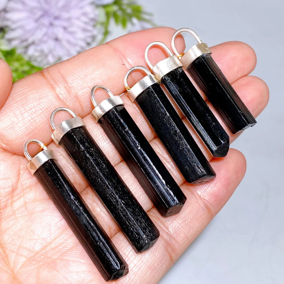Sterling Silver Black Tourmaline Stick Pendant Crystal healing Bulk WHolesale